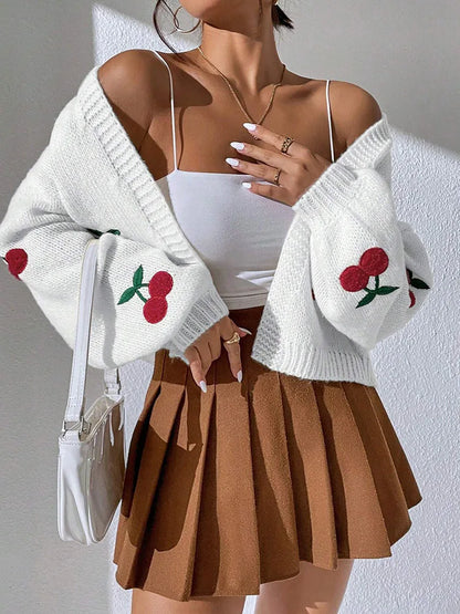 Low Shoulder Cherry Embroidery Pattern Cardigan