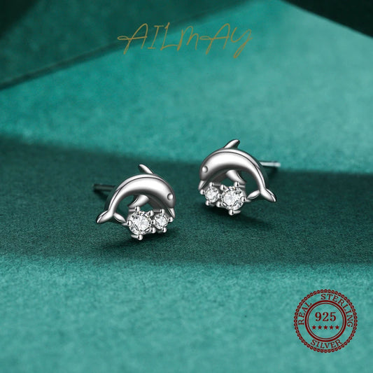 Cute Dolphin Stud Earrings Fine Clear Zircon