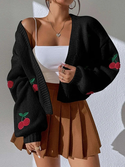 Low Shoulder Cherry Embroidery Pattern Cardigan