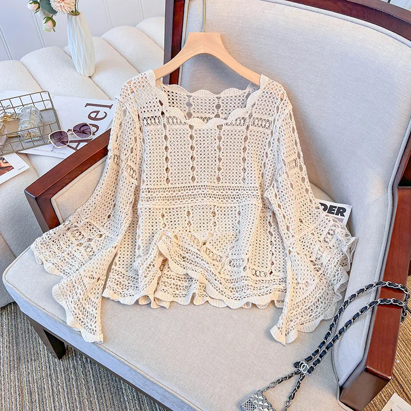 Flare Long Sleeve Cotton Crochet Blouse