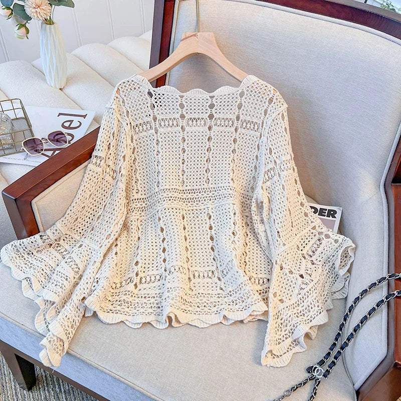 Flare Long Sleeve Cotton Crochet Blouse
