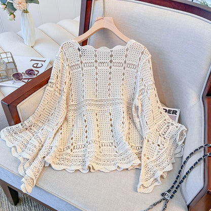 Flare Long Sleeve Cotton Crochet Blouse