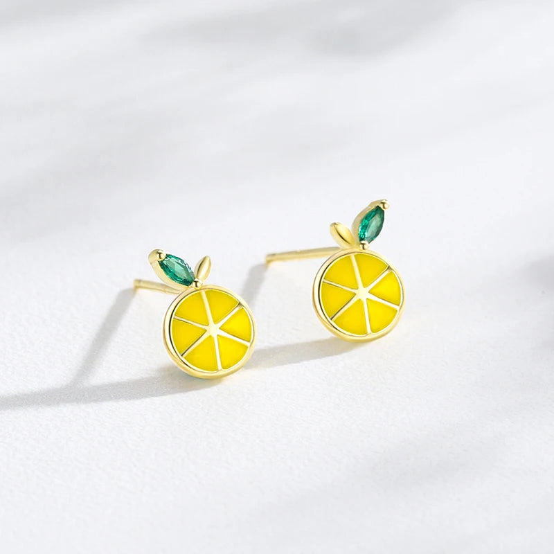 925 Sterling Silver Cute Lemon Enamel Zirconia Stud Earrings