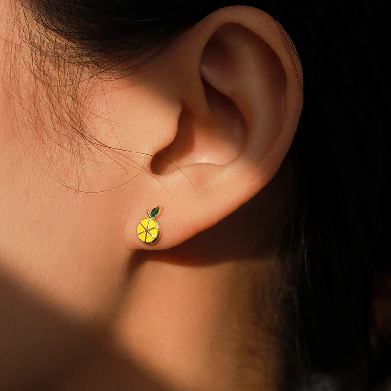 925 Sterling Silver Cute Lemon Enamel Zirconia Stud Earrings