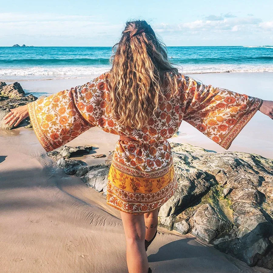 Boho Yellow Floral Print Kimono Blouse