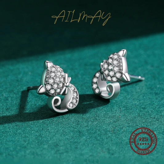 925 Sterling Silver Cute Cat Stud Earrings