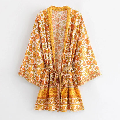 Boho Yellow Floral Print Kimono Blouse