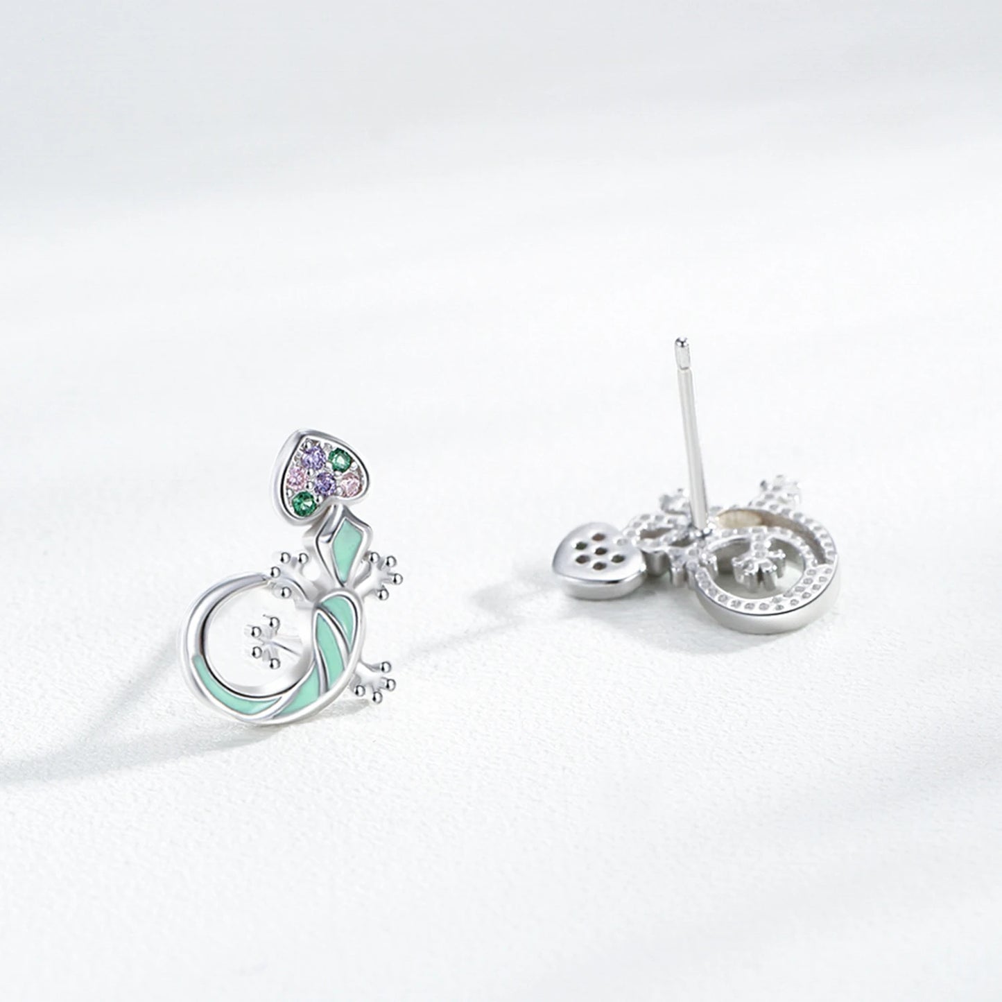 925 Sterling Silver Lizard Rainbow CZ Stud Earrings
