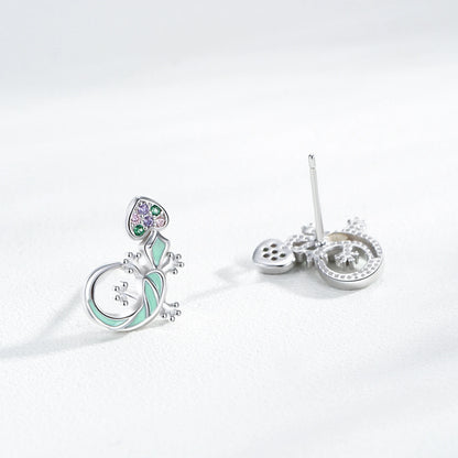 925 Sterling Silver Lizard Rainbow CZ Stud Earrings