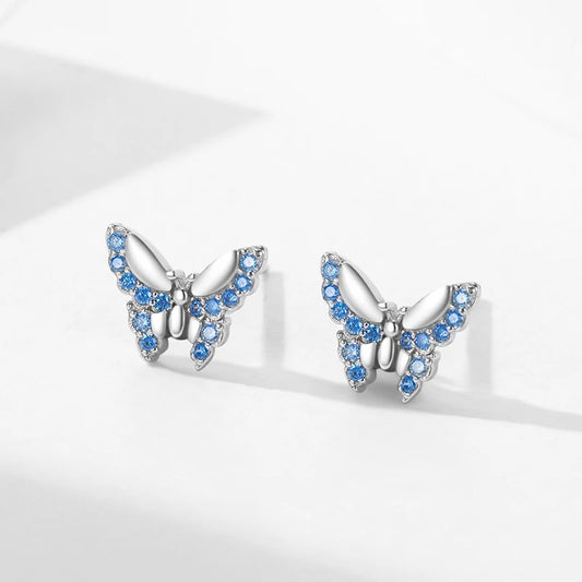 925 Sterling Silver Blue Zirconia Butterfly Stud Earrings