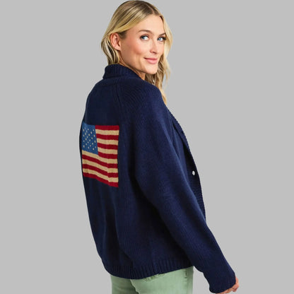 Women Flag Pattern Loose Knit V-Neck Sweater with Puff Sleeves