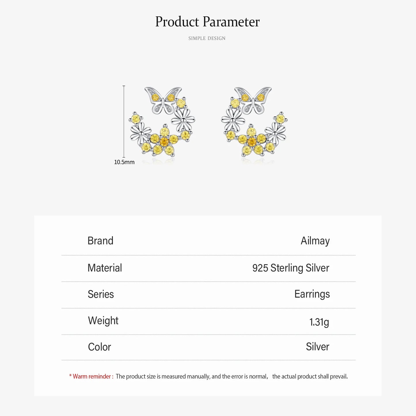 925 Sterling Silver Yellow Zirconia Butterfly Flower Stud Earrings