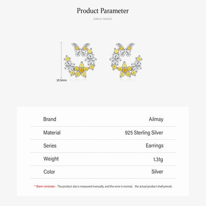925 Sterling Silver Yellow Zirconia Butterfly Flower Stud Earrings