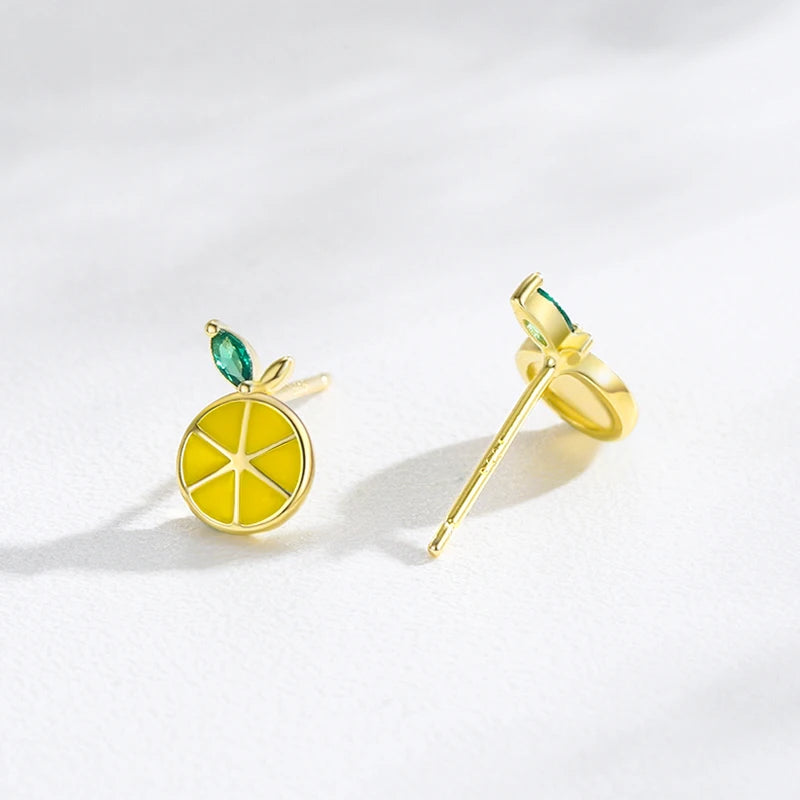 925 Sterling Silver Cute Lemon Enamel Zirconia Stud Earrings