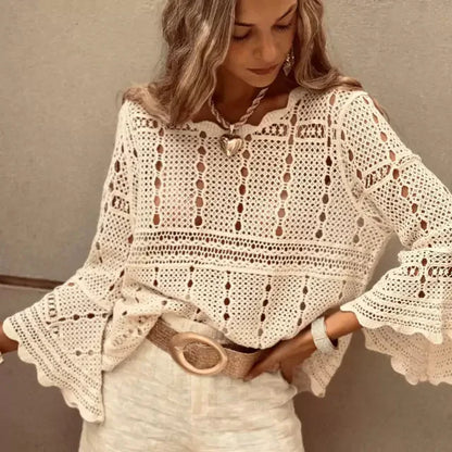 Flare Long Sleeve Cotton Crochet Blouse