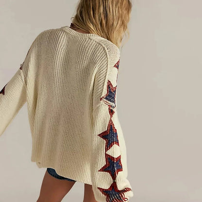 Women's Oversize V-Neck Knitted Sweater with Star Embroidery