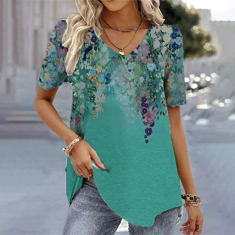 3d Flower Print Kawaii V-Neck