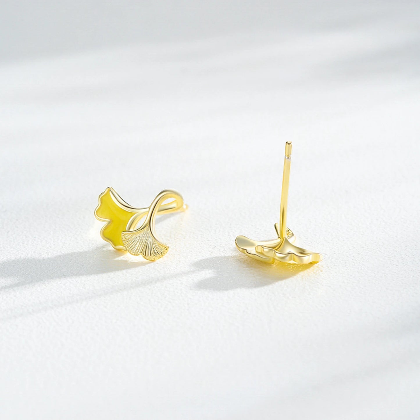 925 Sterling Silver Lucky Ginkgo Biloba Leaves Enamel Gold Plating Stud Earrings