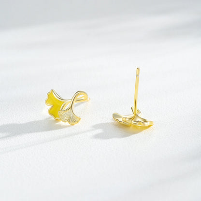 925 Sterling Silver Lucky Ginkgo Biloba Leaves Enamel Gold Plating Stud Earrings