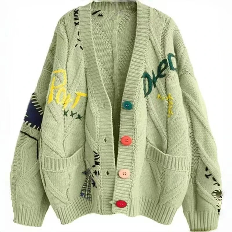 Letter Cable Knit V-Neck Cardigan with Embroidery and Pockets