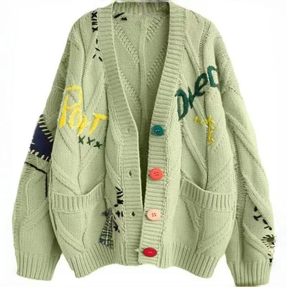 Letter Cable Knit V-Neck Cardigan with Embroidery and Pockets
