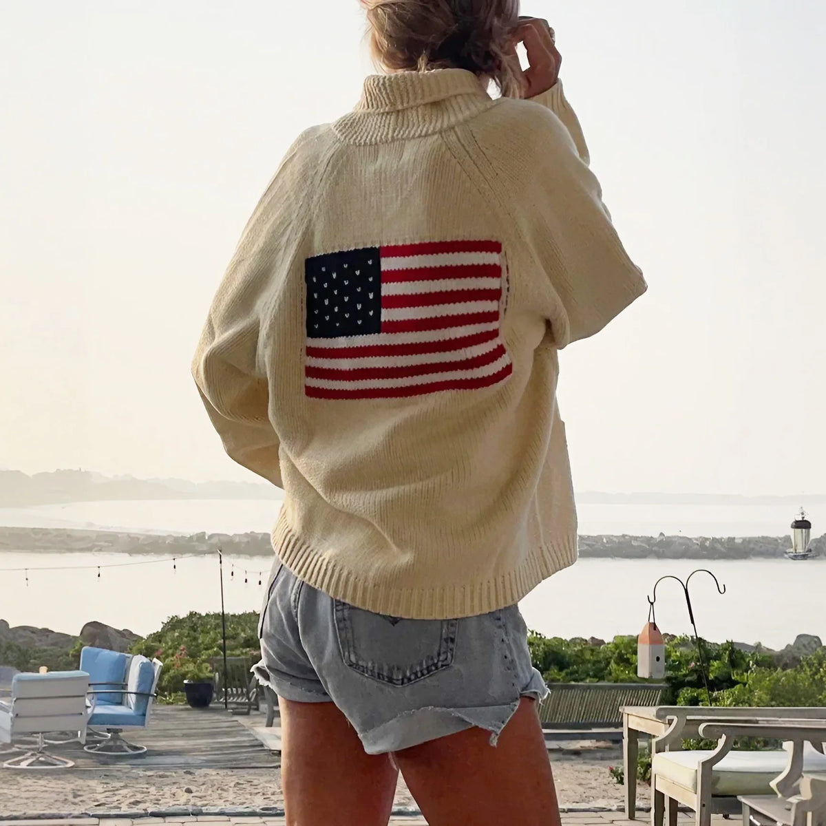 Women Flag Pattern Loose Knit V-Neck Sweater with Puff Sleeves