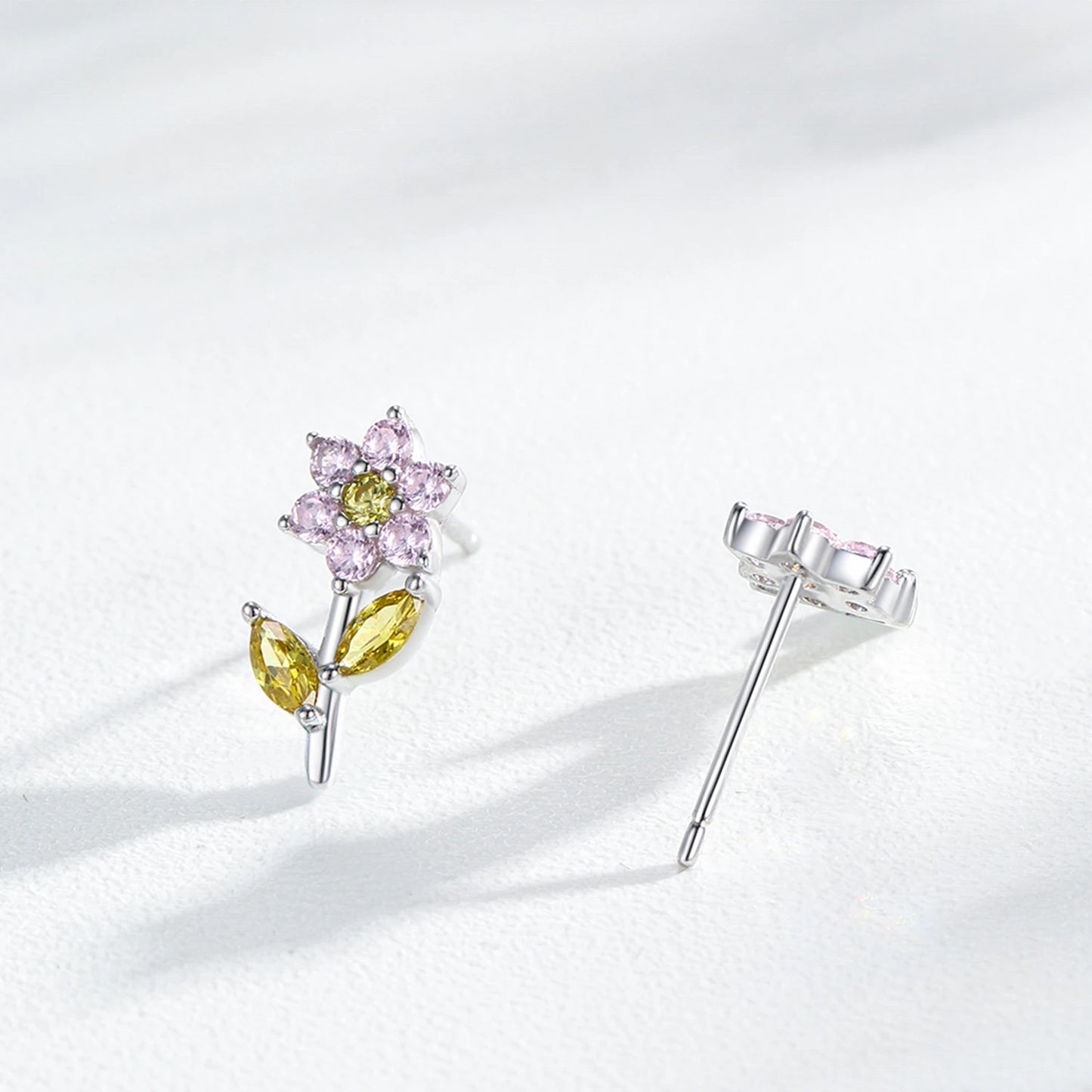 925 Sterling Silver  Cute Flower Rainbow Zircon Stud Earrings