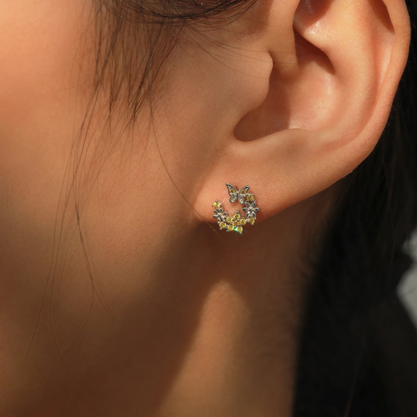 925 Sterling Silver Yellow Zirconia Butterfly Flower Stud Earrings