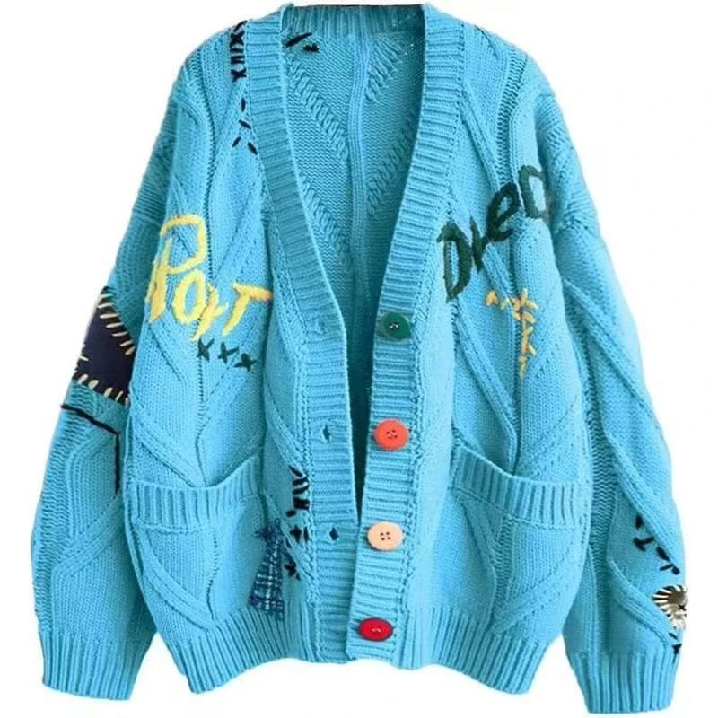 Letter Cable Knit V-Neck Cardigan with Embroidery and Pockets