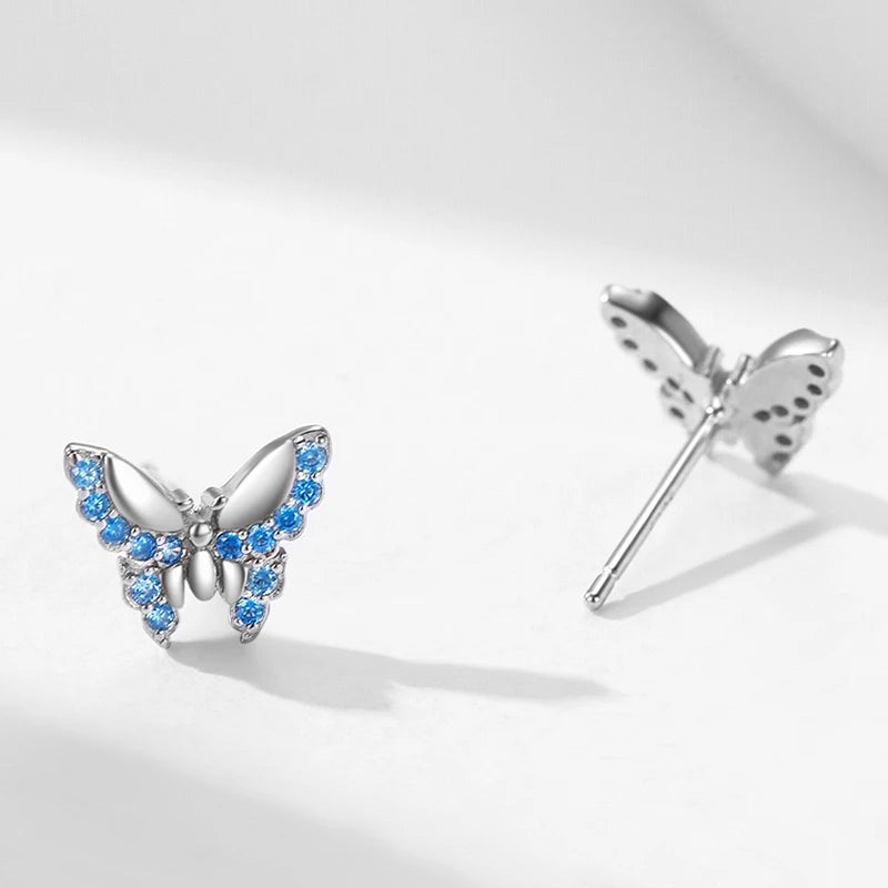 925 Sterling Silver Blue Zirconia Butterfly Stud Earrings