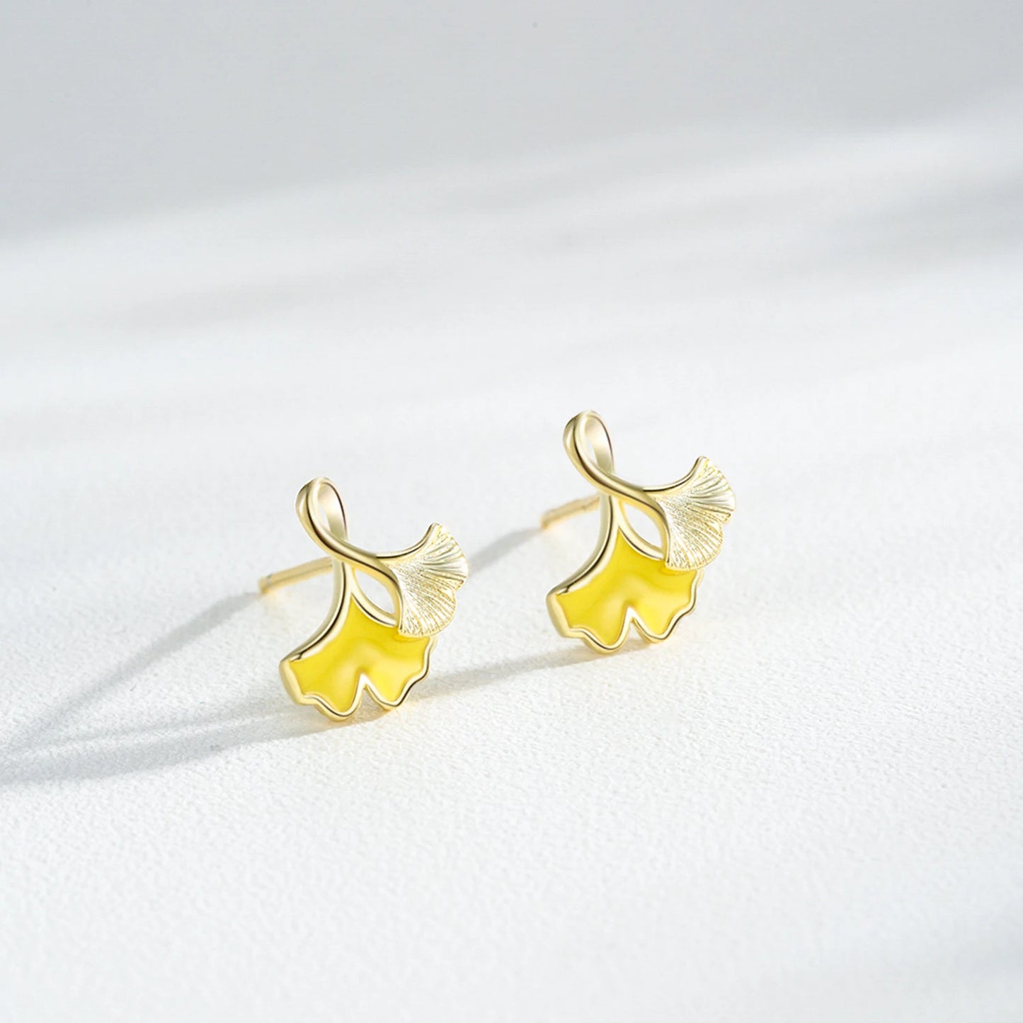 925 Sterling Silver Lucky Ginkgo Biloba Leaves Enamel Gold Plating Stud Earrings