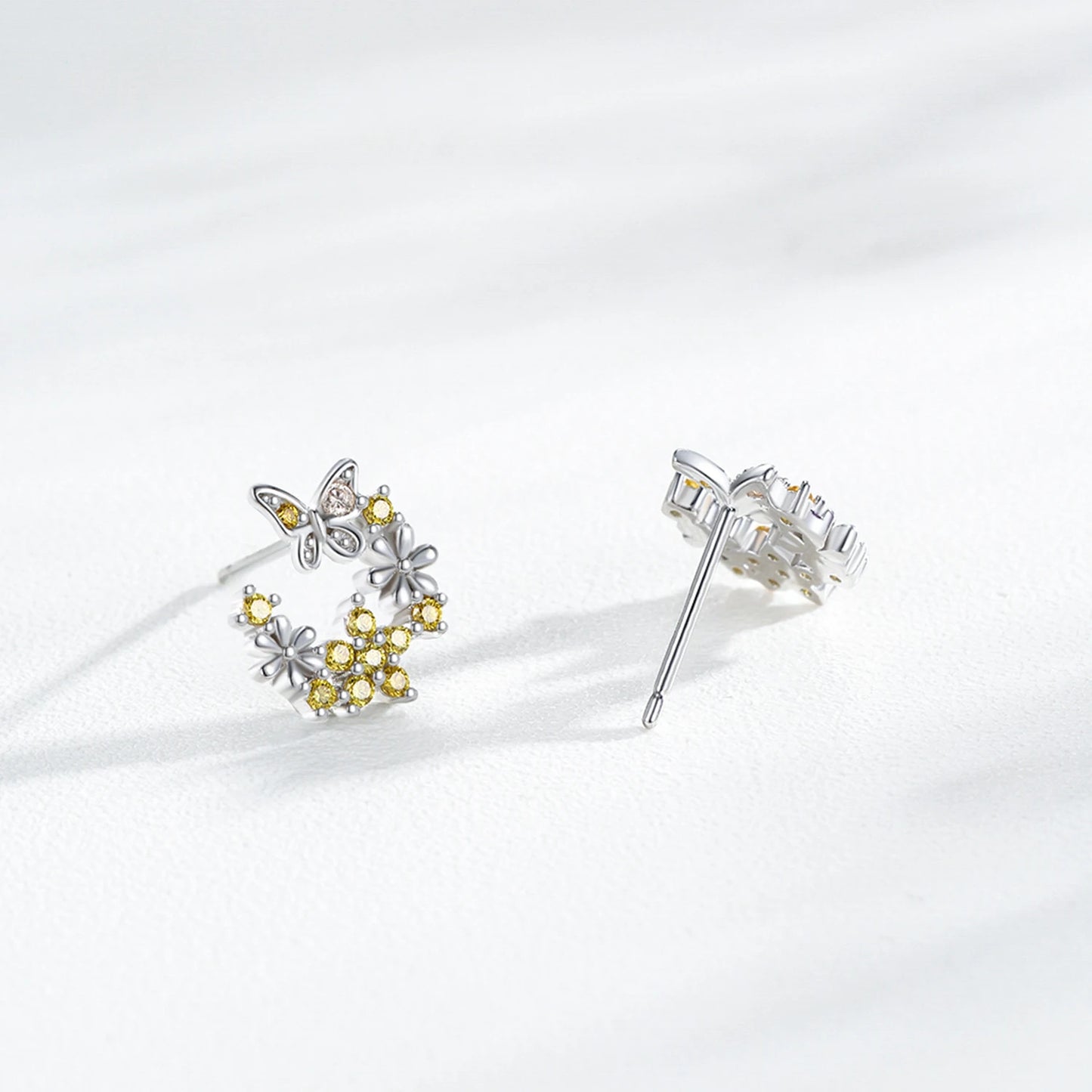 925 Sterling Silver Yellow Zirconia Butterfly Flower Stud Earrings