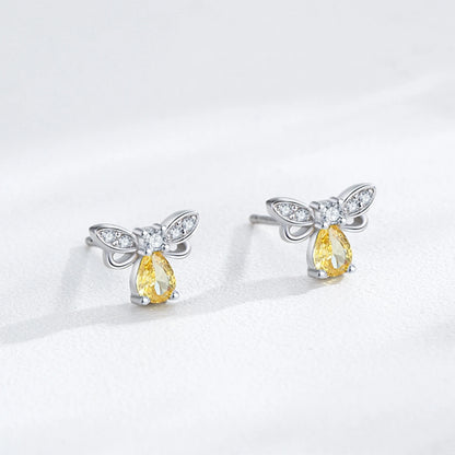 925 Sterling Silver Cute Yellow Zircon Bee Earrings