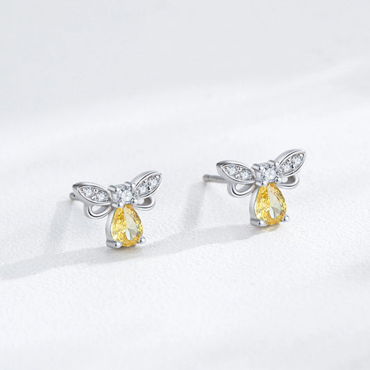 925 Sterling Silver Cute Yellow Zircon Bee Earrings