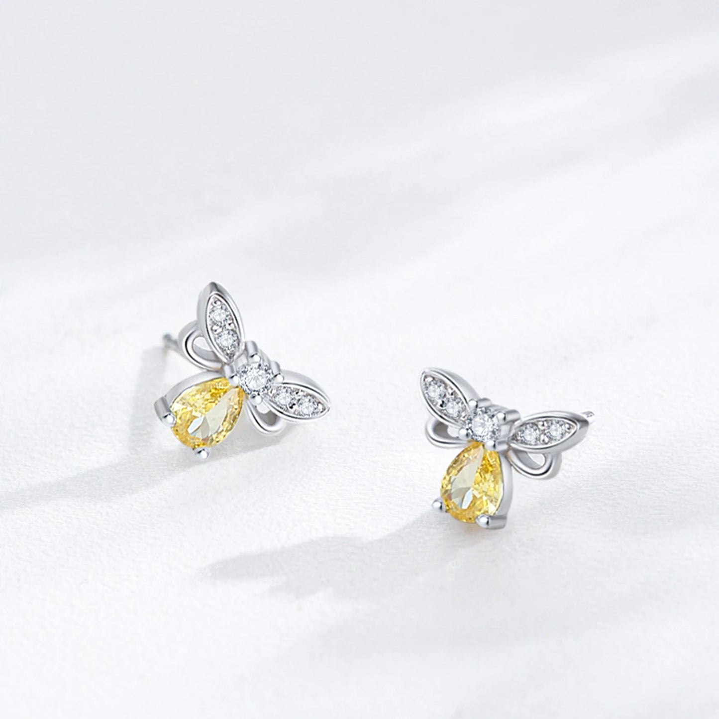 925 Sterling Silver Cute Yellow Zircon Bee Earrings