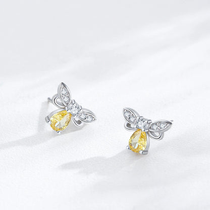925 Sterling Silver Cute Yellow Zircon Bee Earrings