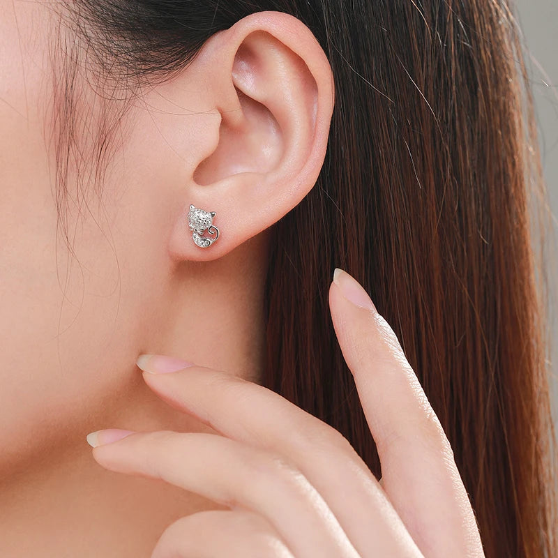 925 Sterling Silver Cute Cat Stud Earrings