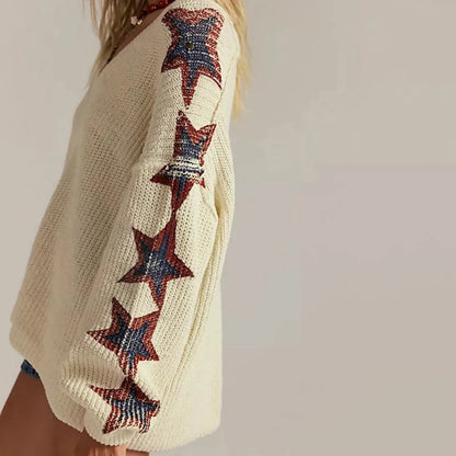 Women's Oversize V-Neck Knitted Sweater with Star Embroidery