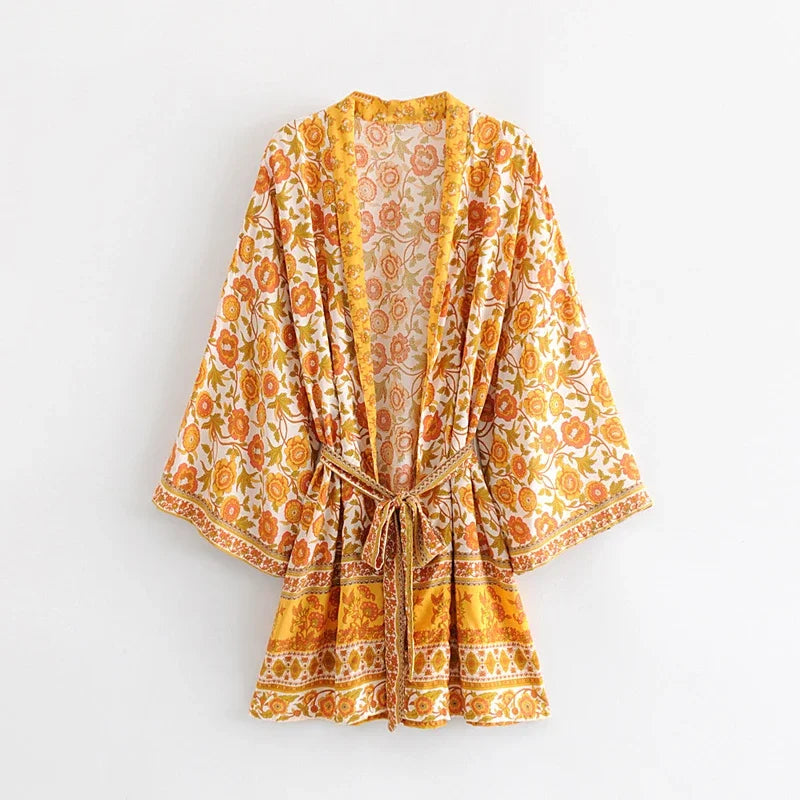 Boho Yellow Floral Print Kimono Blouse