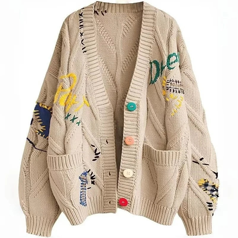 Letter Cable Knit V-Neck Cardigan with Embroidery and Pockets