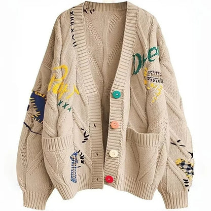 Letter Cable Knit V-Neck Cardigan with Embroidery and Pockets