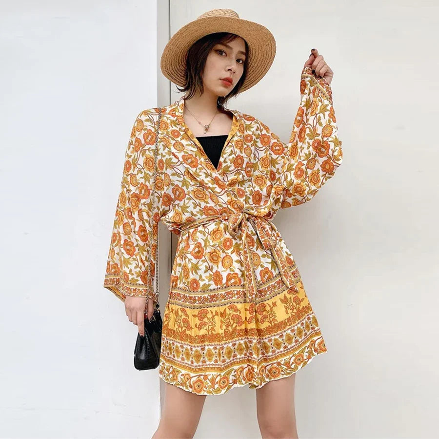 Boho Yellow Floral Print Kimono Blouse