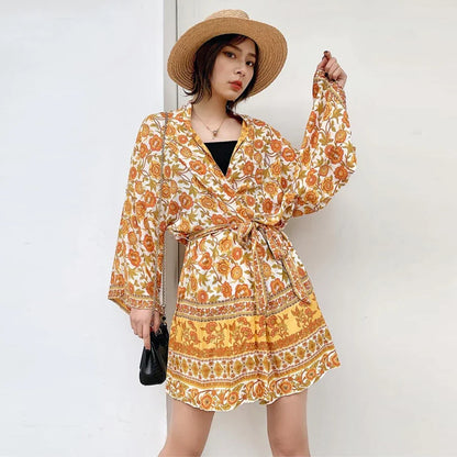 Boho Yellow Floral Print Kimono Blouse