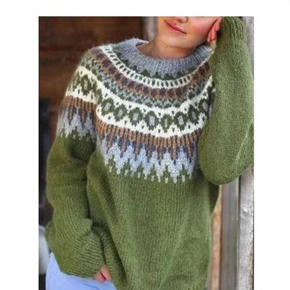 Women's Jacquard Knit Pullover Crew Neck Long Sleeve Sweater