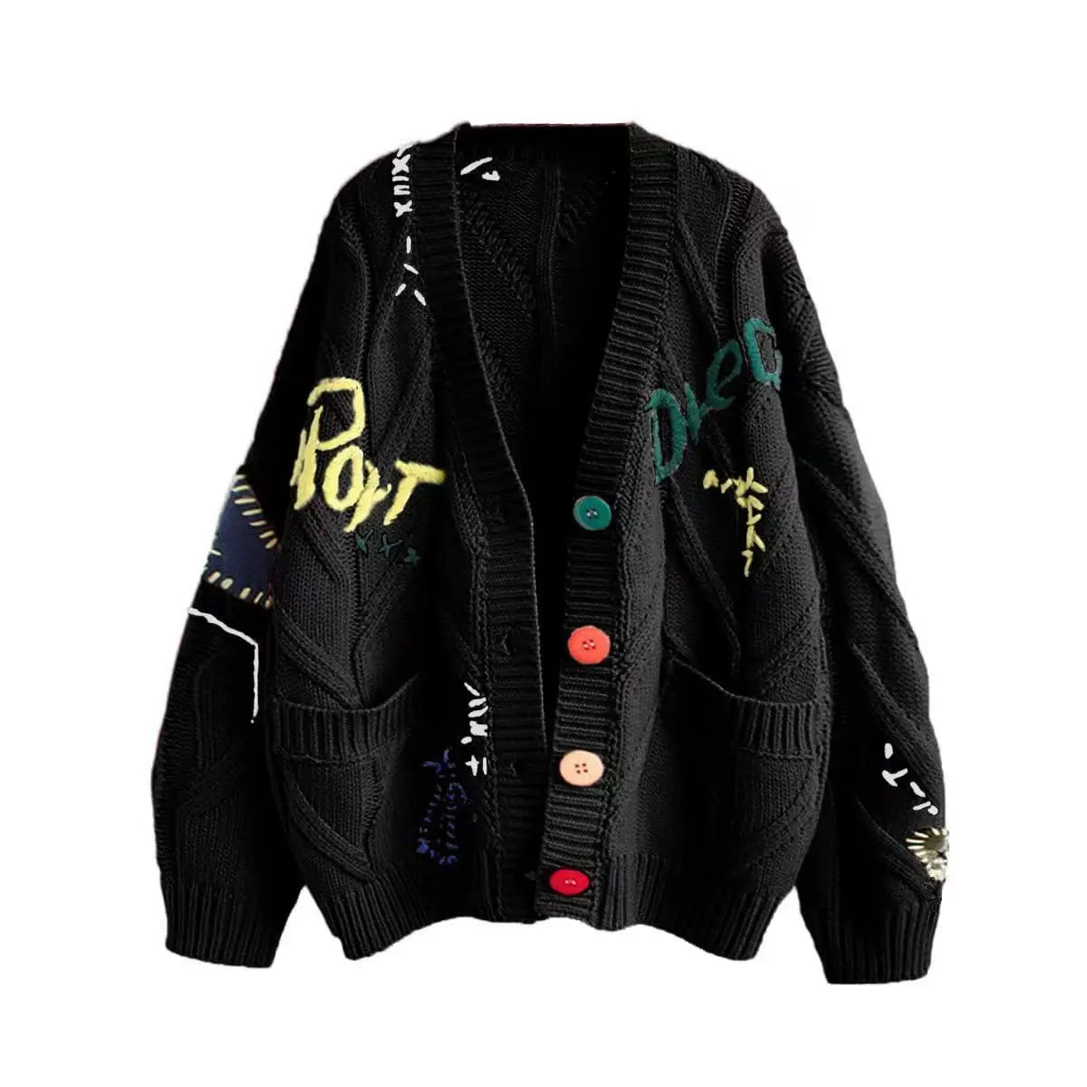 Letter Cable Knit V-Neck Cardigan with Embroidery and Pockets