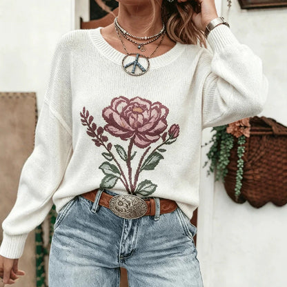 Bohemian Floral Knit Oversized Pullover Sweater for Women