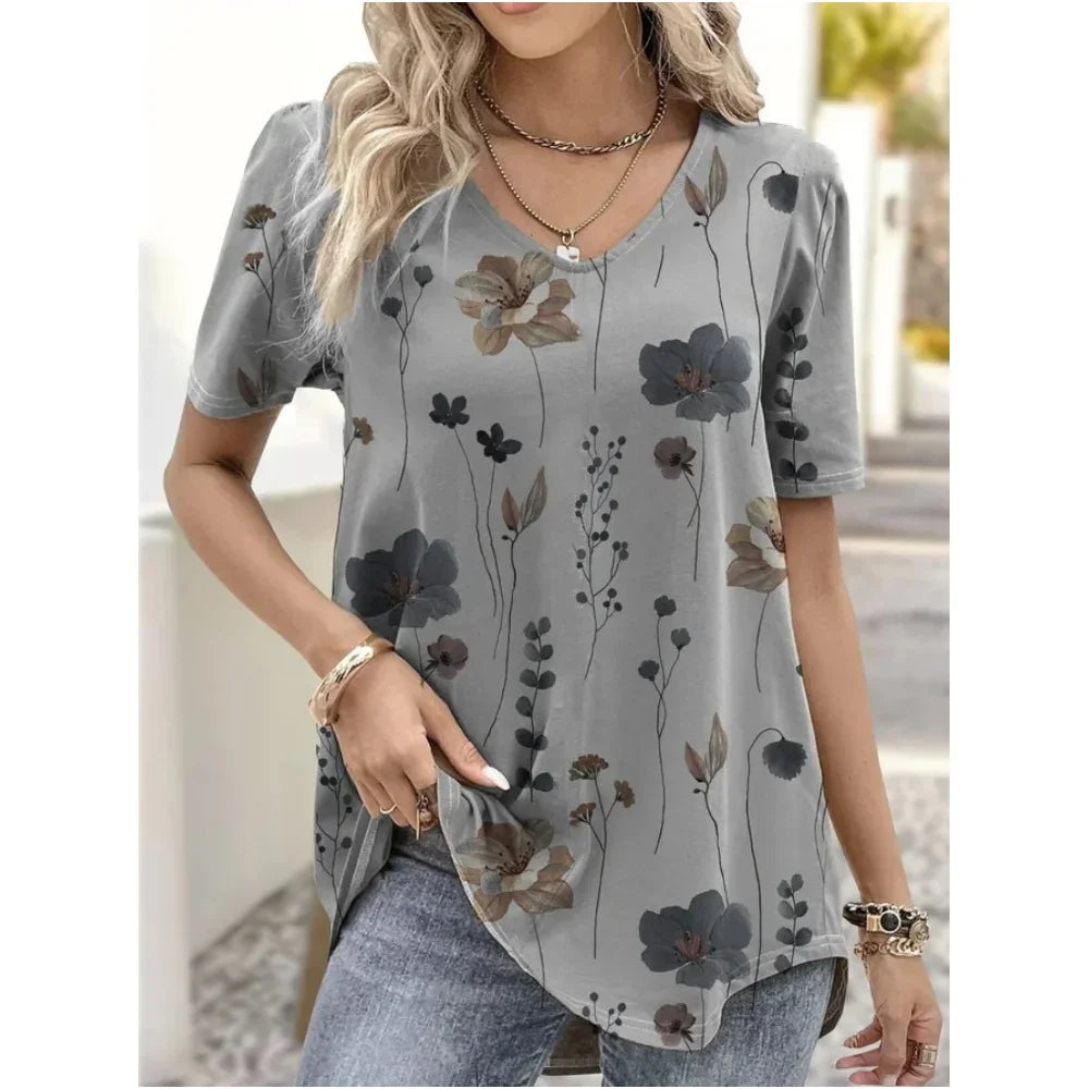 3d Flower Print Kawaii V-Neck