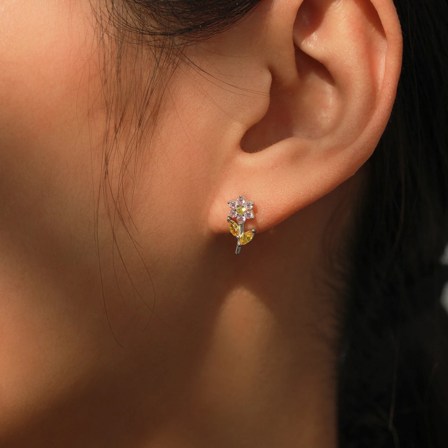 925 Sterling Silver  Cute Flower Rainbow Zircon Stud Earrings