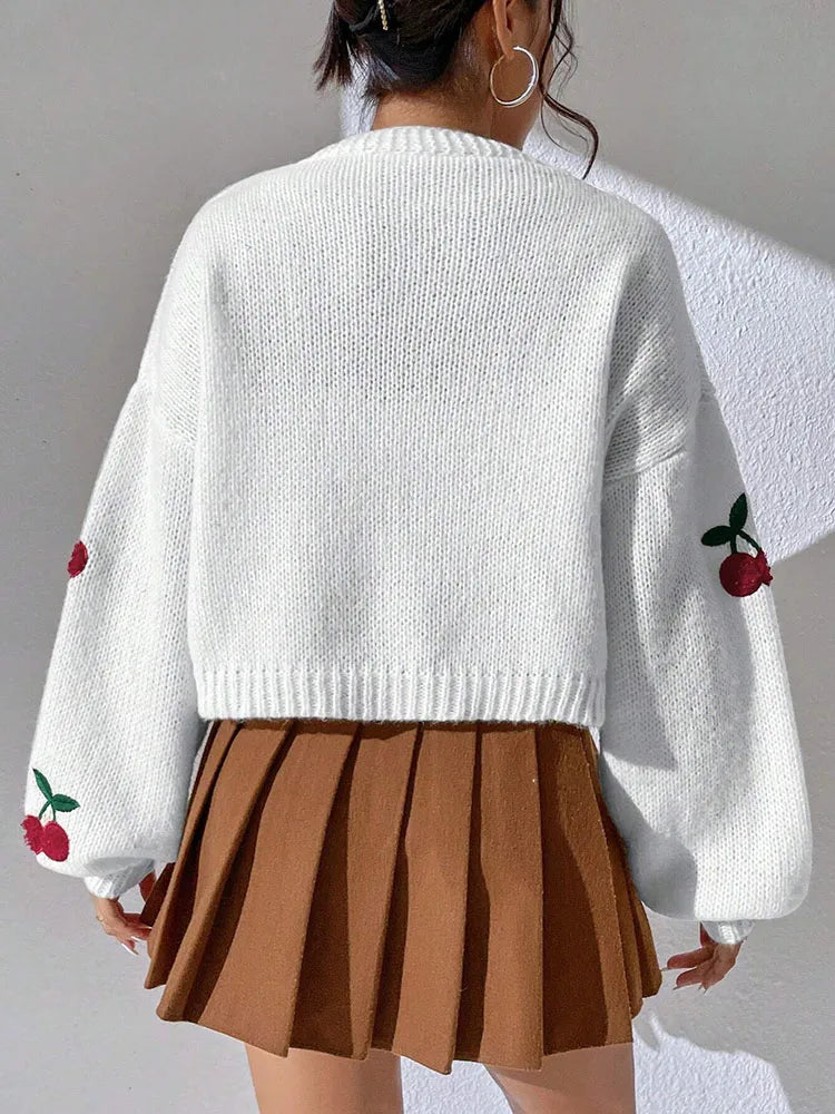 Low Shoulder Cherry Embroidery Pattern Cardigan