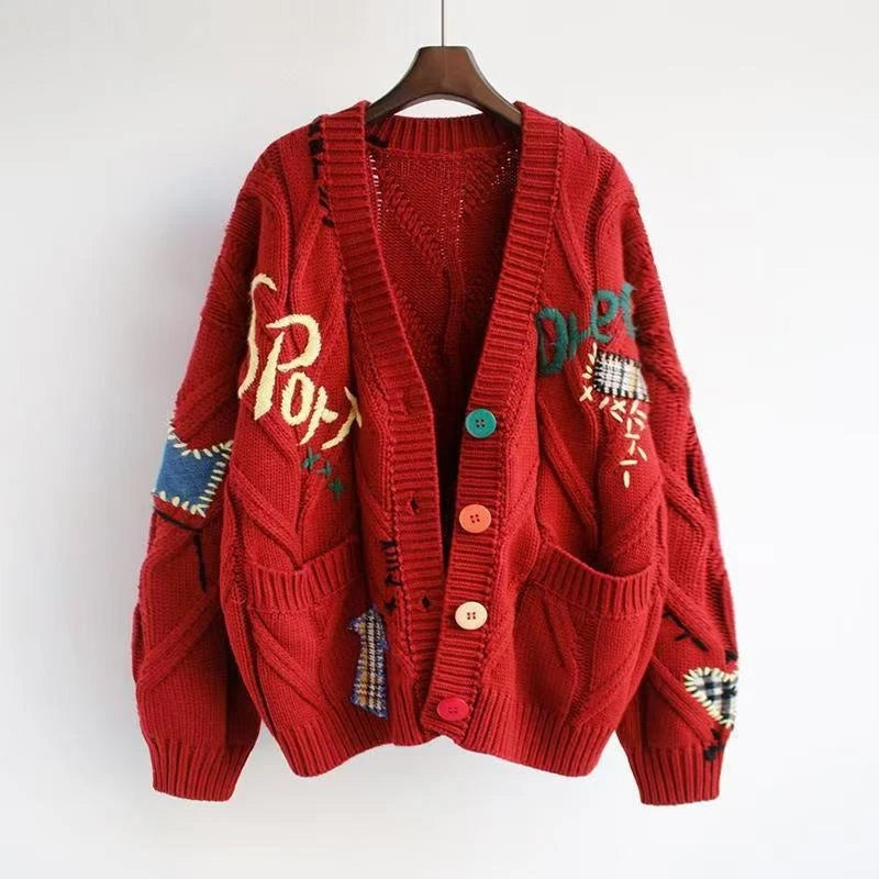 Letter Cable Knit V-Neck Cardigan with Embroidery and Pockets